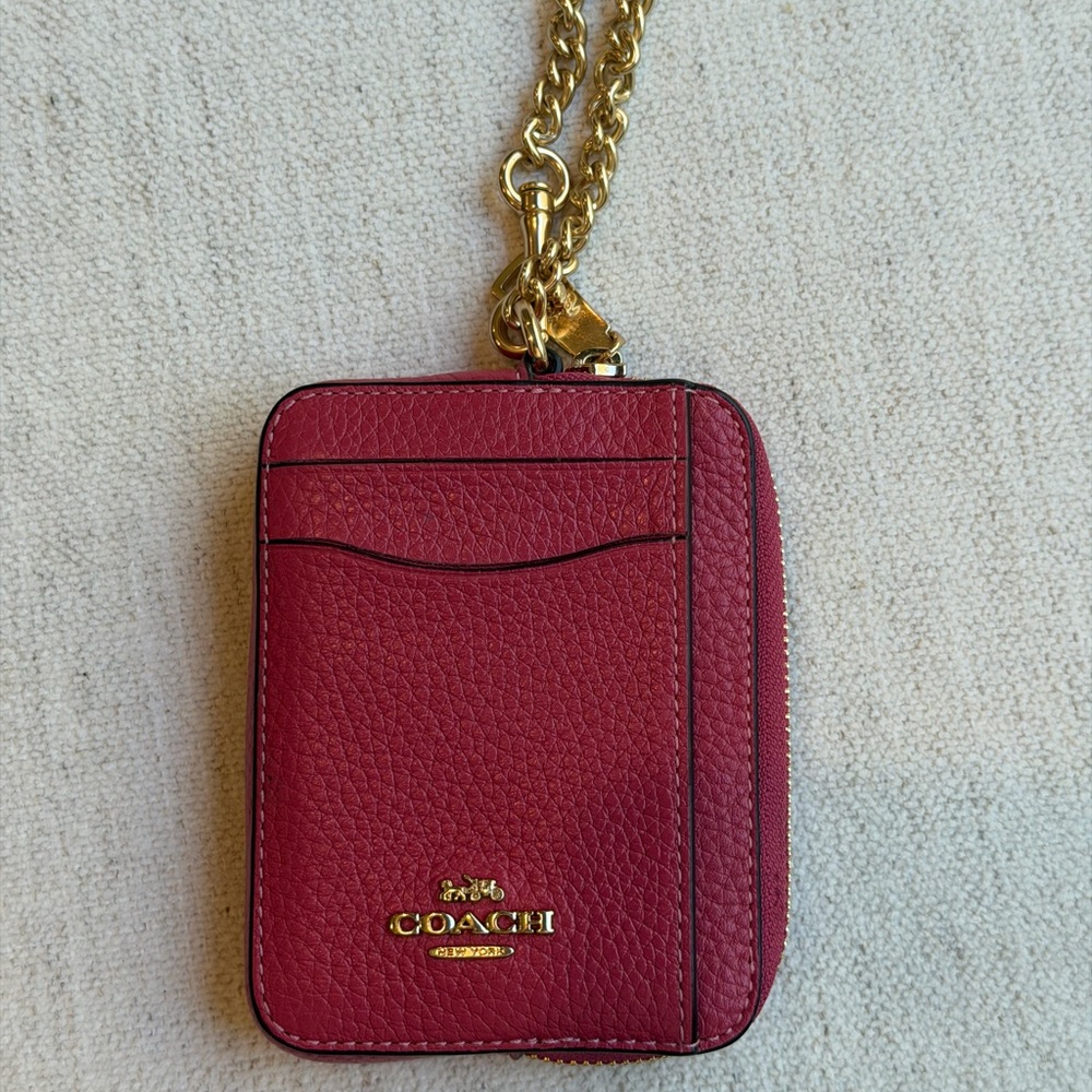 Coach Deep Pink Pebbled Leather Card Case with Gold Chain